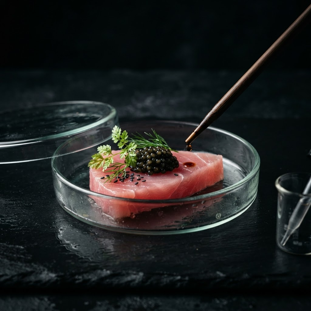 Petriskål med rå fisk och pipett i mörk laboratoriemiljö