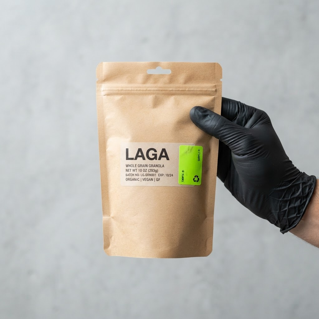 Handskbeklädd hand som håller en kraftpåse med Laga-etikett